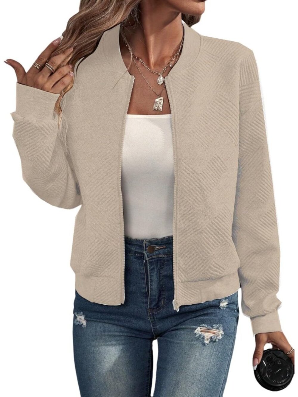 Women Apricot Ribbed Cuffs Long Sleeve Aviator Baseball Neckline Bomber Jacket